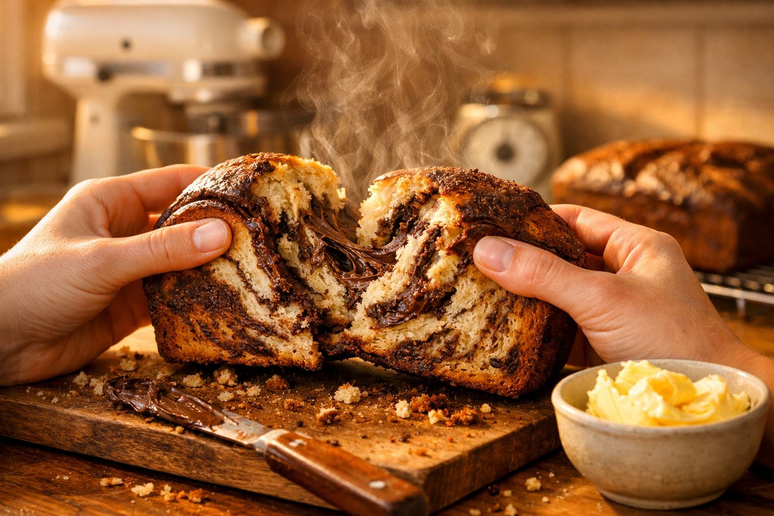 Pão doce partido ao meio com recheio derretido de chocolate, manteiga e faca numa tábua de madeira.