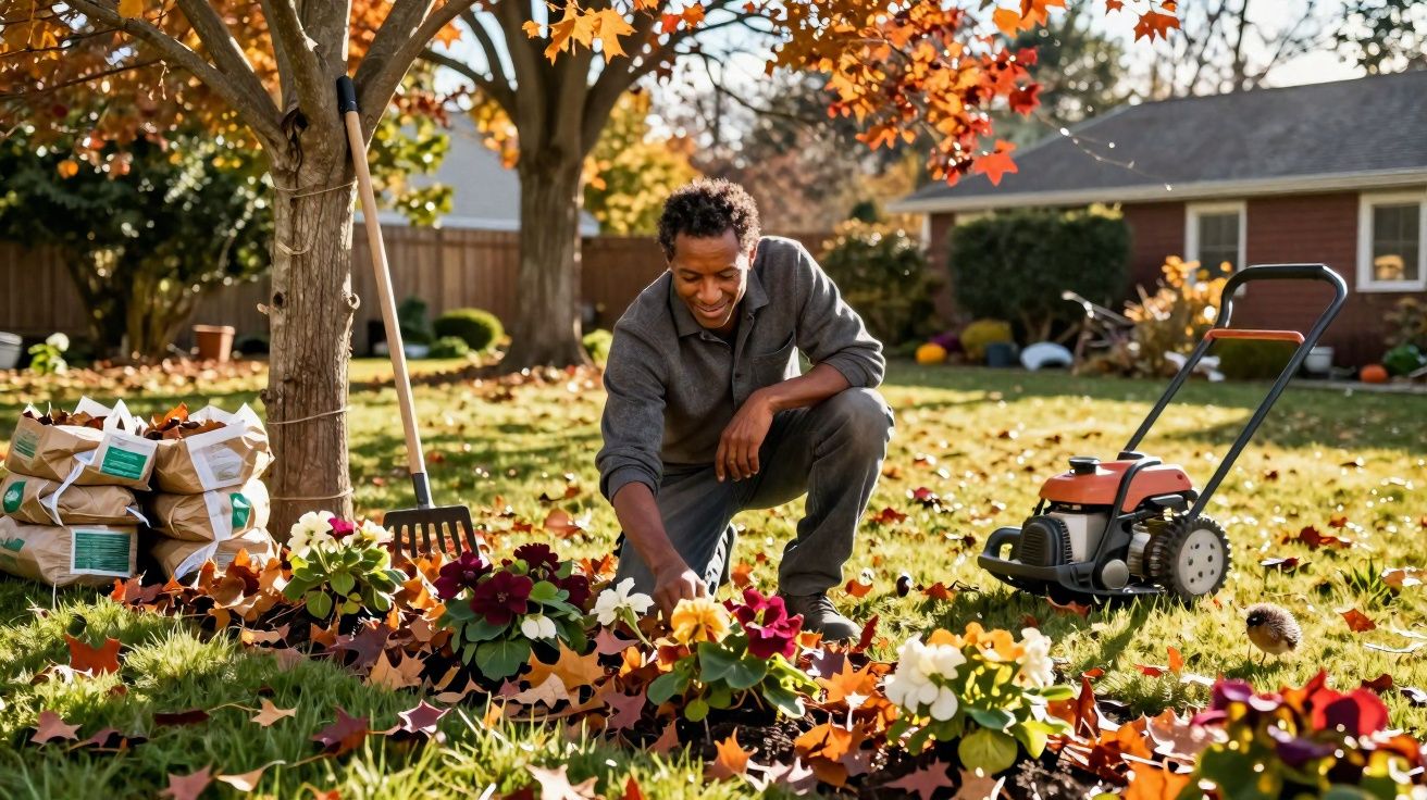 Homem a cuidar das flores no jardim com folhas de outono e ferramentas ao redor numa tarde ensolarada.
