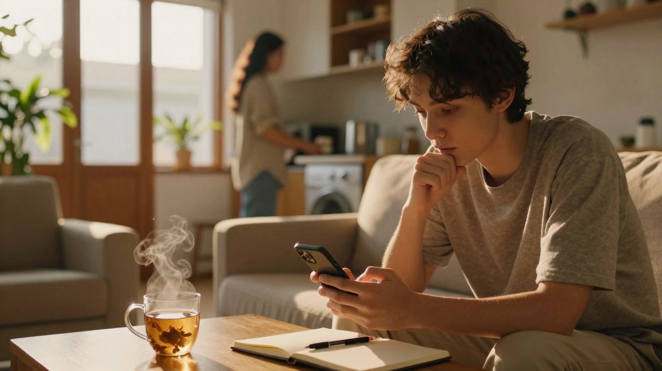 Jovem sentado no sofá a olhar para o telemóvel com chá quente na mesa e pessoa ao fundo na cozinha.