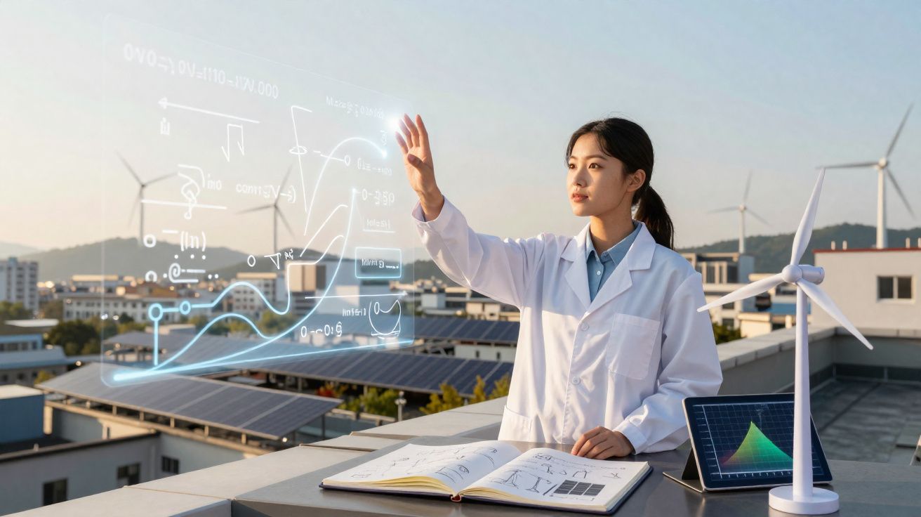 Mulher cientista em laboratório ao ar livre com gráficos virtuais, livro técnico, laptop e turbina eólica.