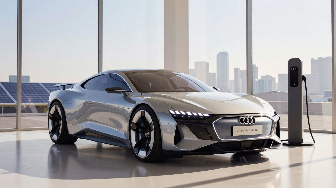 Carro elétrico desportivo Audi cinza estacionado junto a posto de carregamento num ambiente urbano moderno.