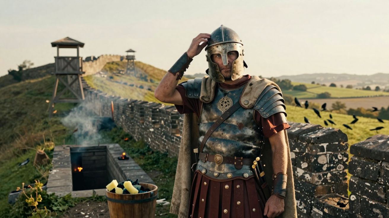 Legionário romano com armadura típica em muralha antiga com torres de vigia ao fundo e paisagem rural.