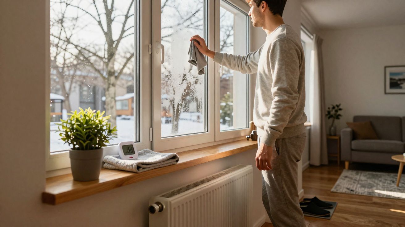 Homem a limpar janelas com pano num interior luminoso, com uma planta e radiador perto da janela.