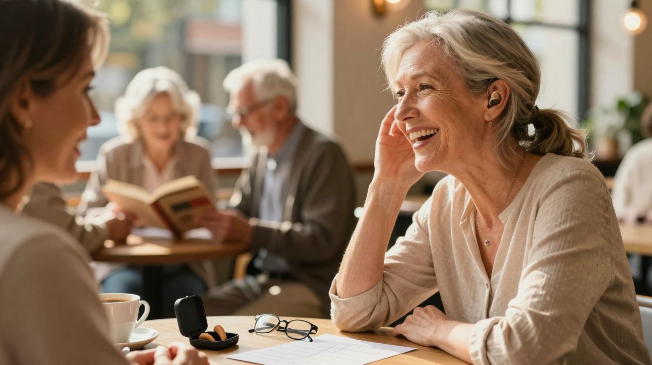 Duas mulheres a conversar numa cafetaria, com auscultadores auditivos e um estojo aberto em cima da mesa.