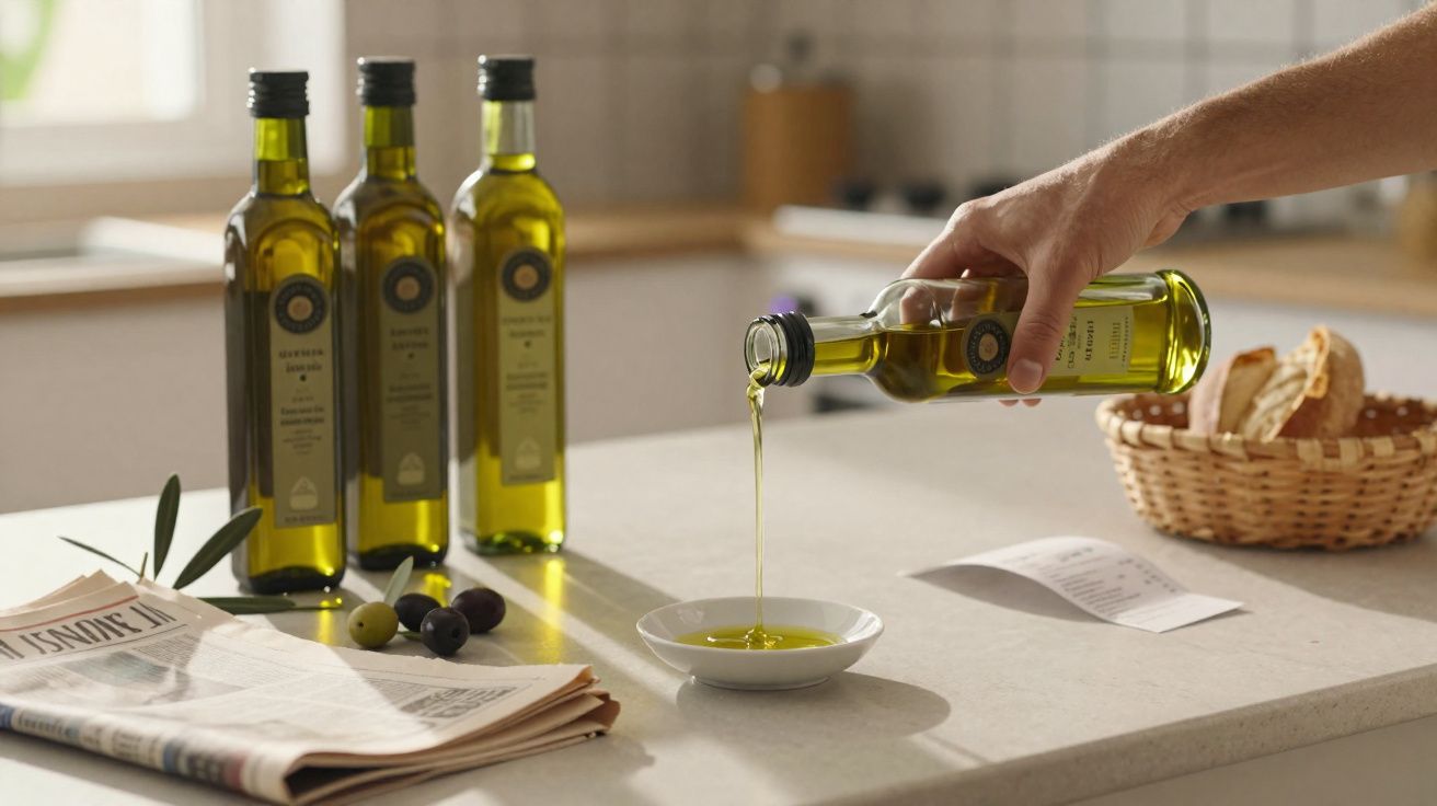 Mão a verter azeite numa taça pequena, com garrafas de azeite, azeitonas, jornal e cesta de pão na bancada.