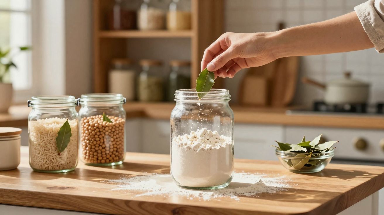 Mão a colocar folha de louro num frasco com farinha numa cozinha com frascos de arroz e grão ao fundo.