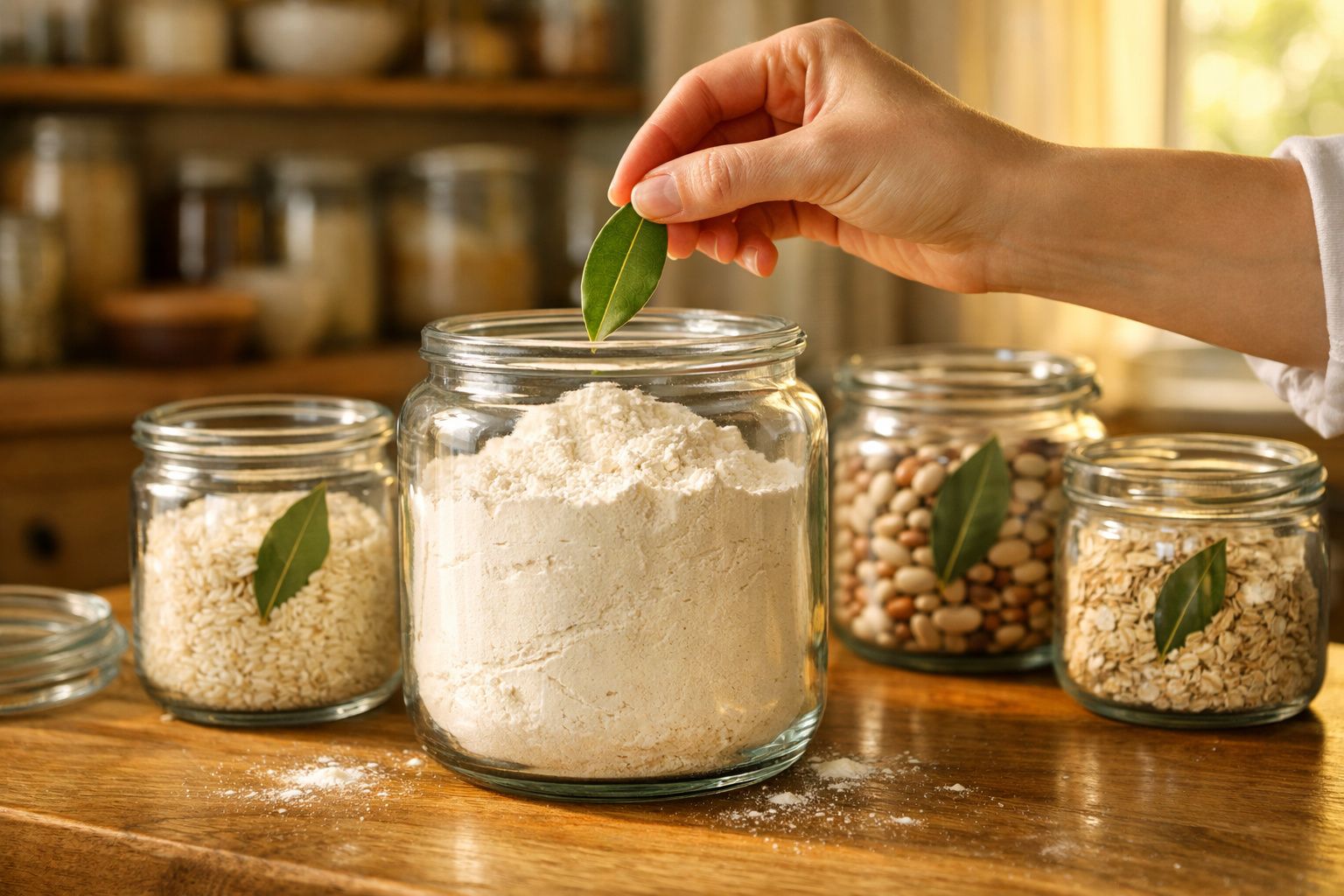 Mão a colocar folha de louro em frasco com farinha, rodeado de outros frascos com ingredientes secos.