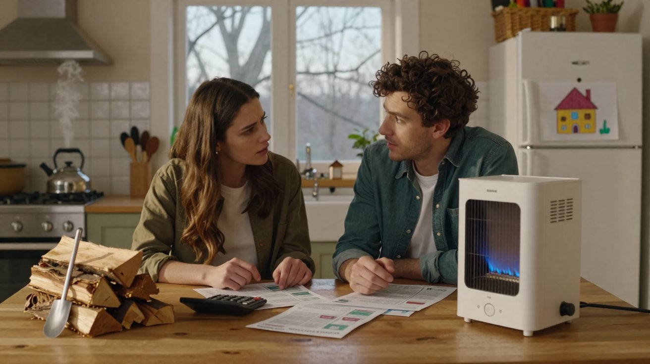 Casal preocupado sentado na cozinha a discutir contas, com chapas de madeira e aquecedor elétrico na mesa.