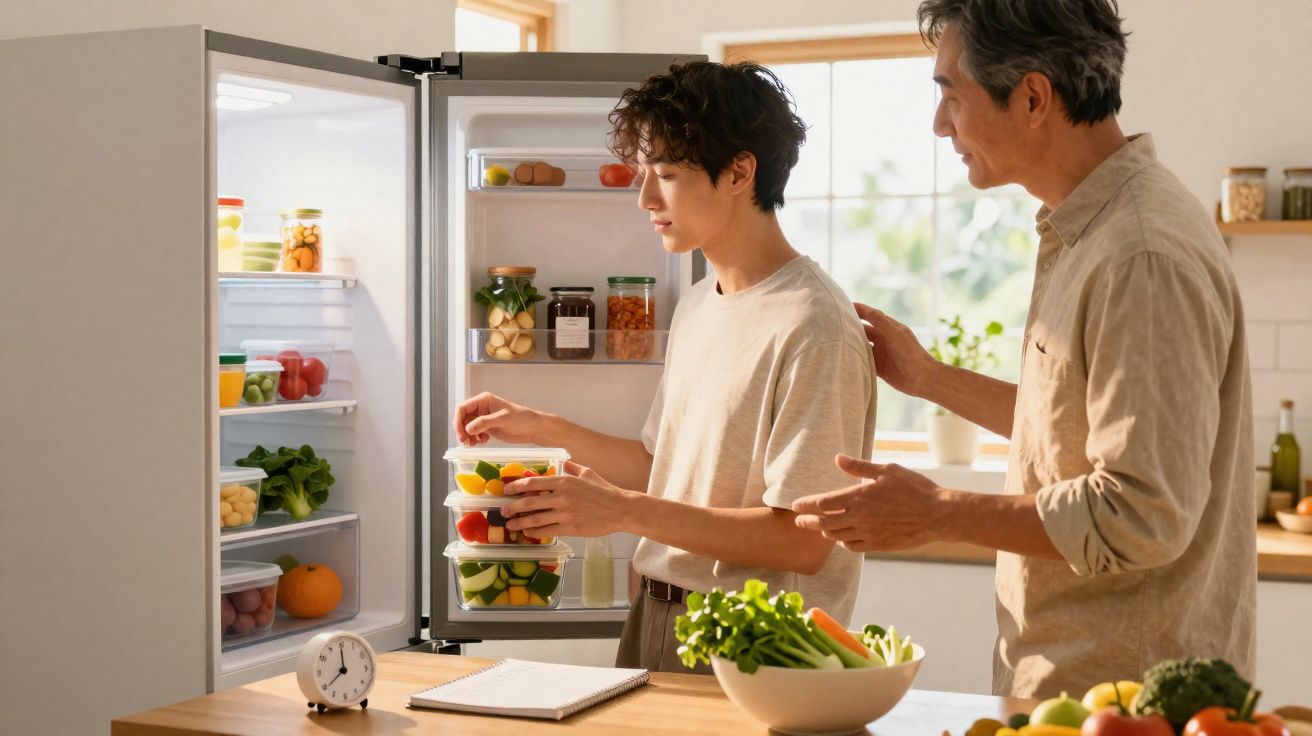 Dois homens na cozinha a guardar legumes frescos no frigorífico aberto, com bowls de vegetais na bancada.