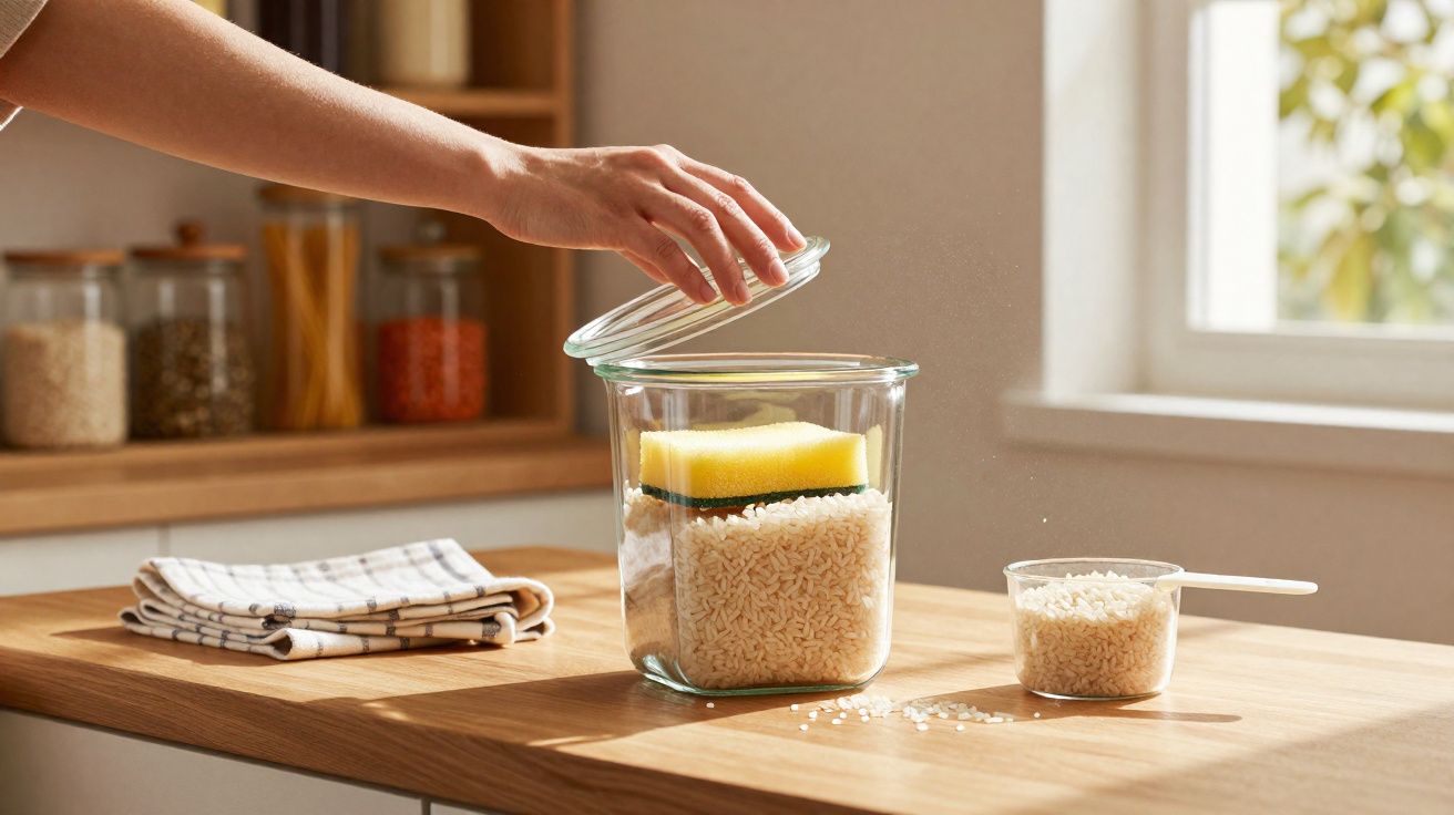 Pessoa a colocar tampa num frasco de vidro com arroz e esponja na bancada da cozinha.
