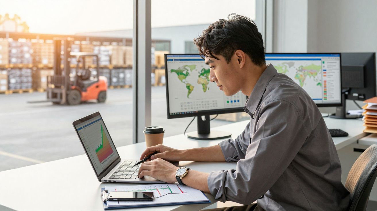 Homem a trabalhar num escritório com gráficos no computador, vendo dados de logística e mercado.