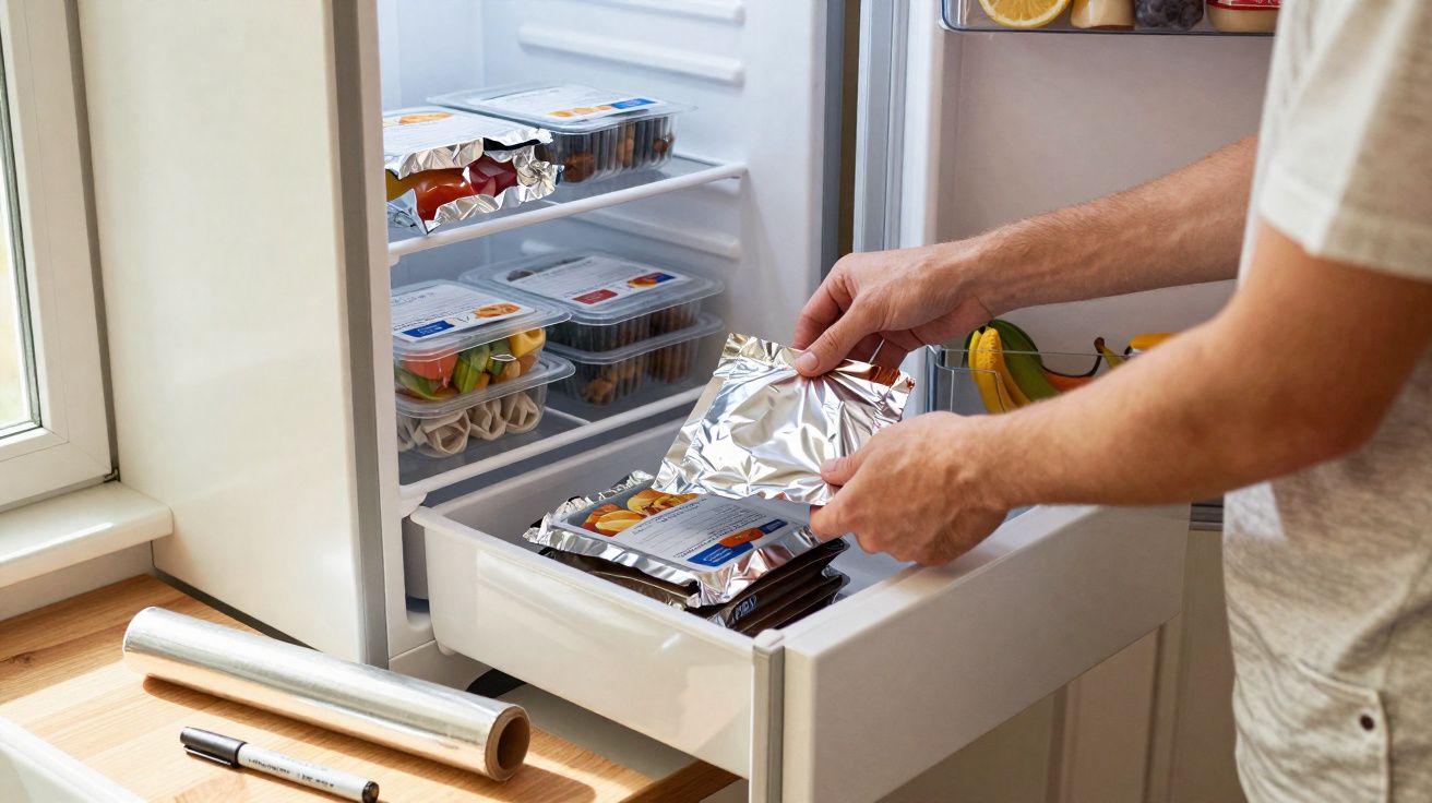 Pessoa a guardar alimentos pré-cozinhados embalados em alumínio no congelador aberto de uma cozinha.