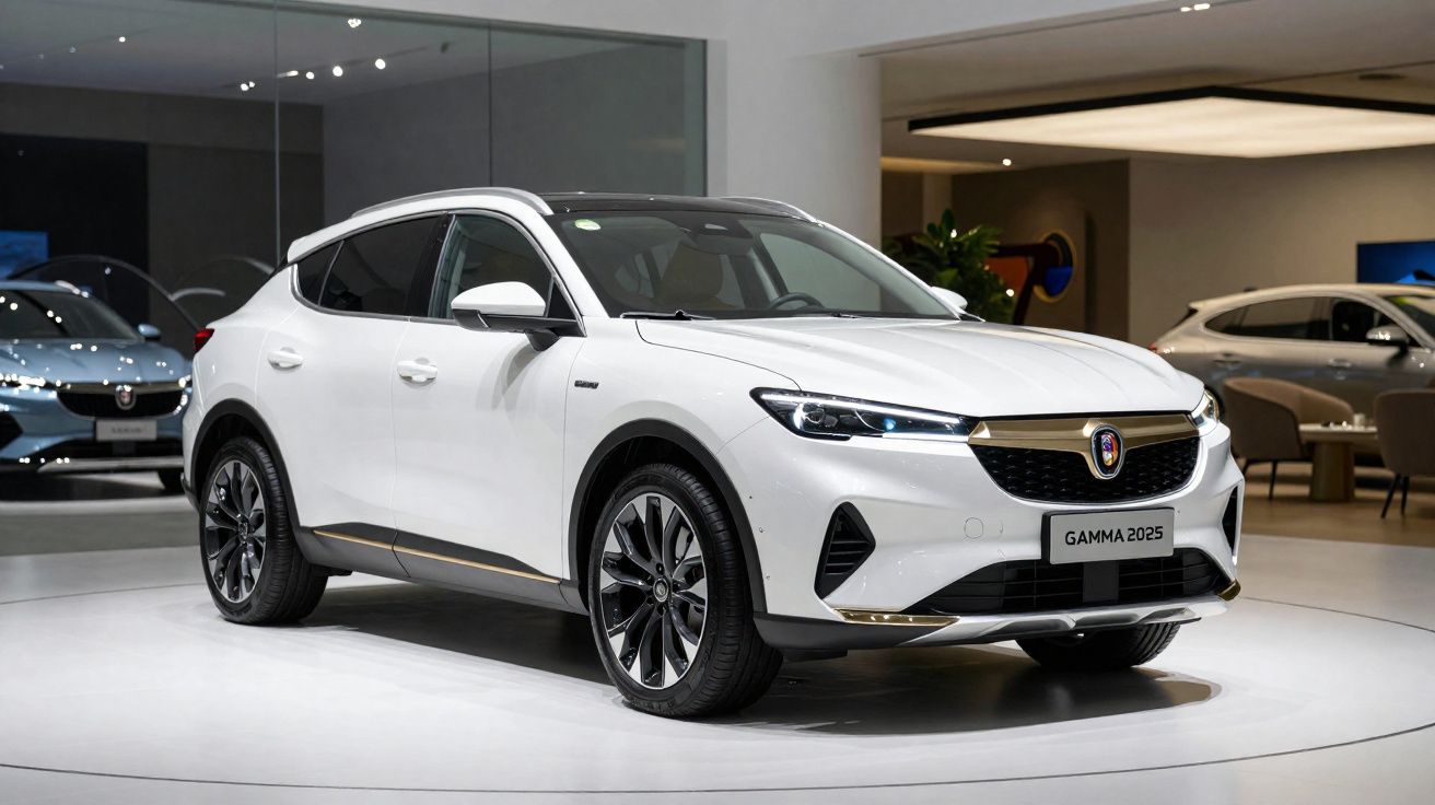 Automóvel elétrico branco exposto num salão automóvel, modelo Gamma 2025 com design moderno e elegante.