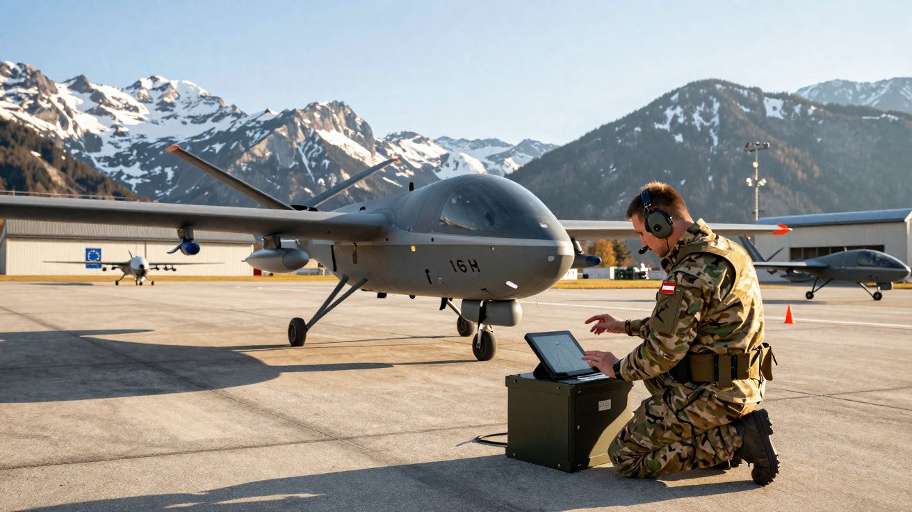 Militar com fones de ouvido opera drone cinzento numa pista aérea com montanhas nevadas ao fundo.