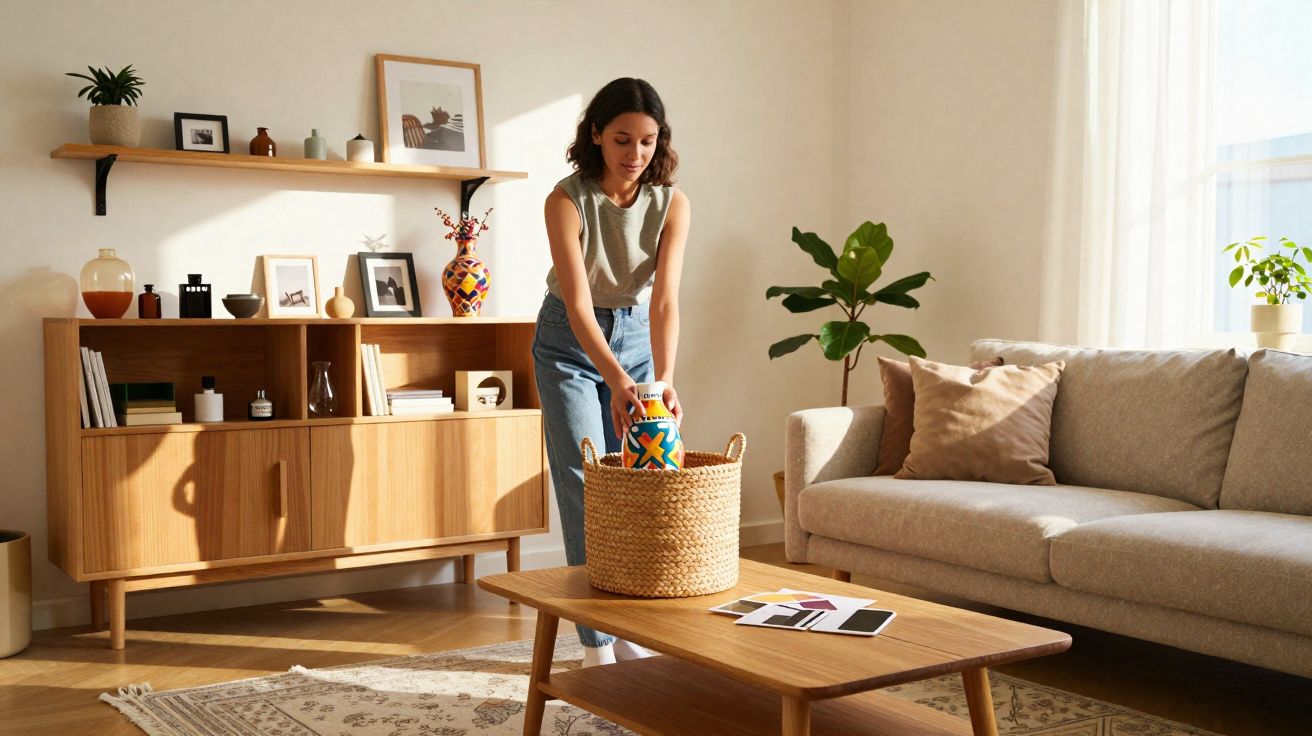Mulher a arrumar uma jarra colorida numa cesta de palha na sala de estar luminosa e decorada.