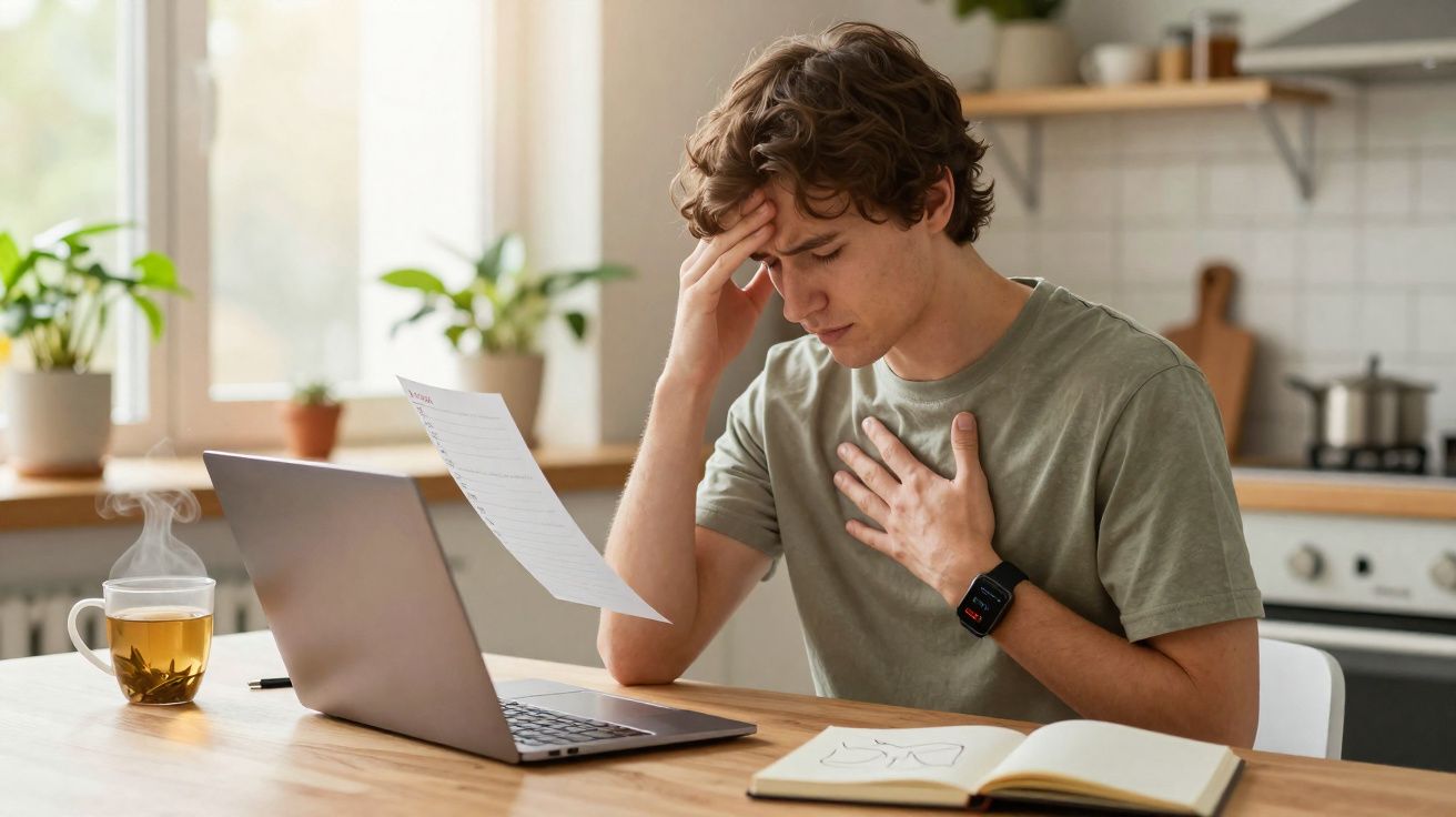 Jovem preocupado lê uma carta sentado numa mesa com portátil, chá e caderno numa cozinha iluminada.