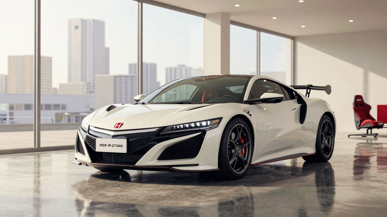 Carro desportivo Honda NSX Type R GT3 branco estacionado em espaço interior moderno com grandes janelas.