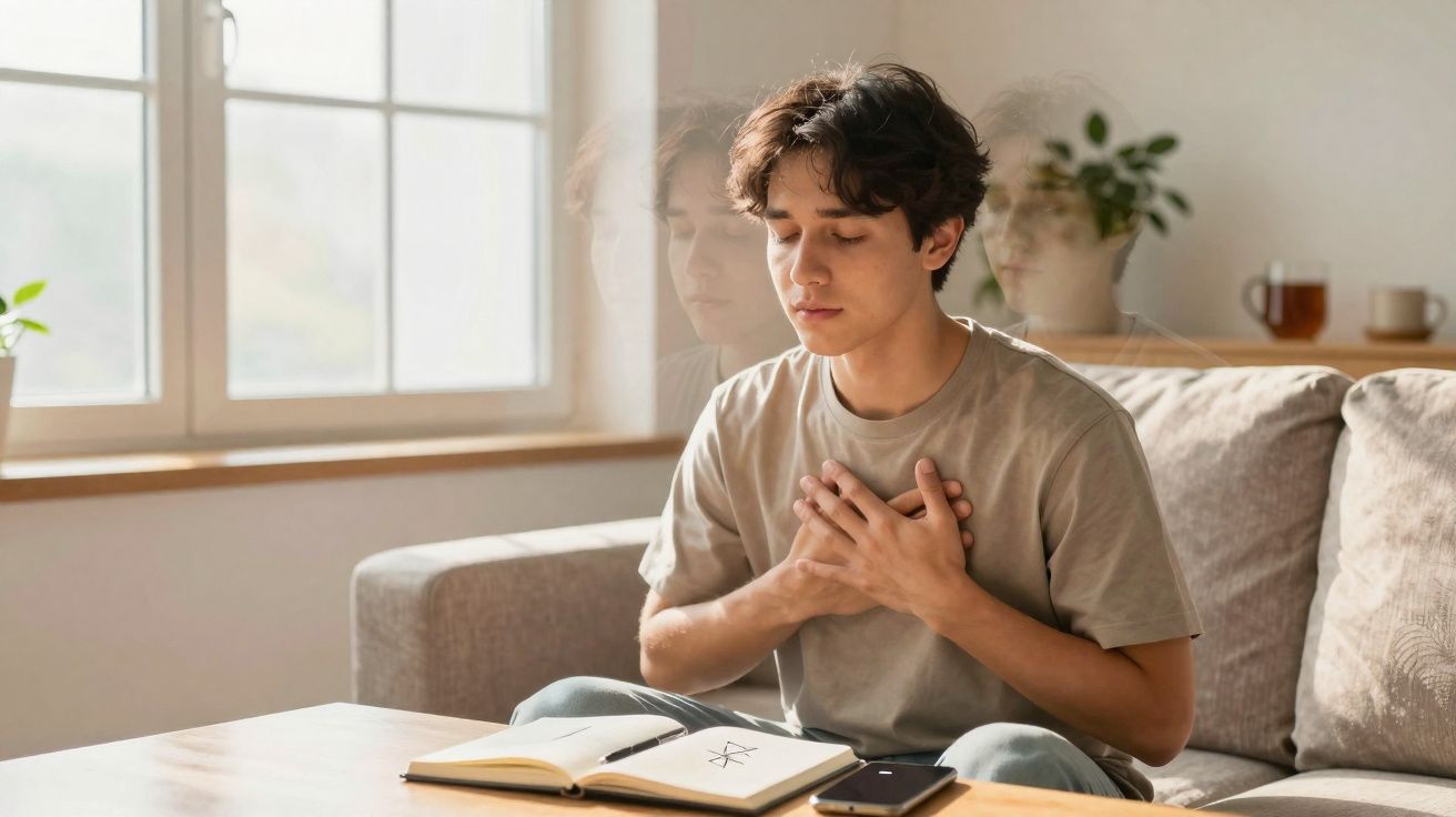 Jovem sentado no sofá com as mãos no peito, olhos fechados, em frente a uma mesa com caderno e telemóvel.