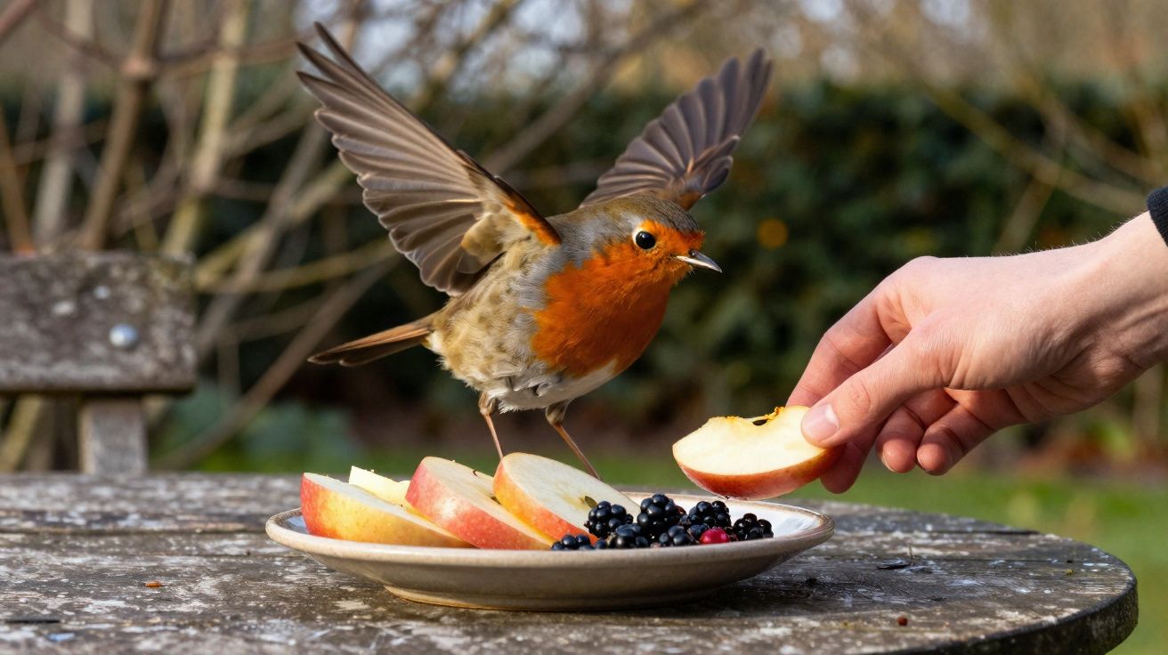 Pássaro com peito laranja a pousar numa mesa com fatias de maçã e amoras, mão a oferecer fruta.