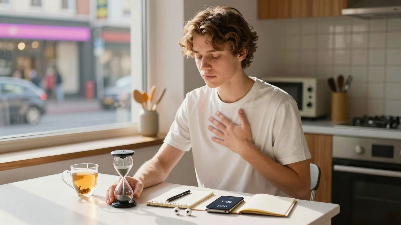 Jovem sentado à mesa com chá, cronómetro e caderno, segurando o peito num gesto de mindfulness.