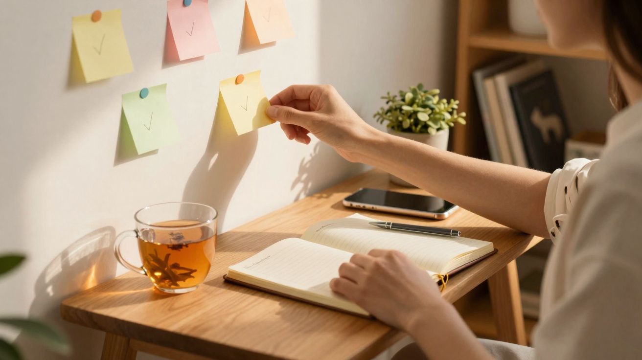 Pessoa a organizar notas autocolantes coloridas numa parede, com chá, caderno e telemóvel numa secretária de madeira.