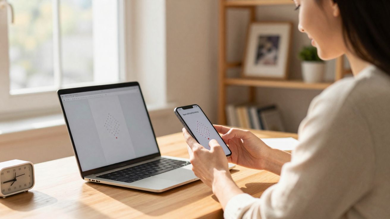 Pessoa a usar telemóvel e computador portátil numa secretária junto à janela, ambiente luminoso e calmo.