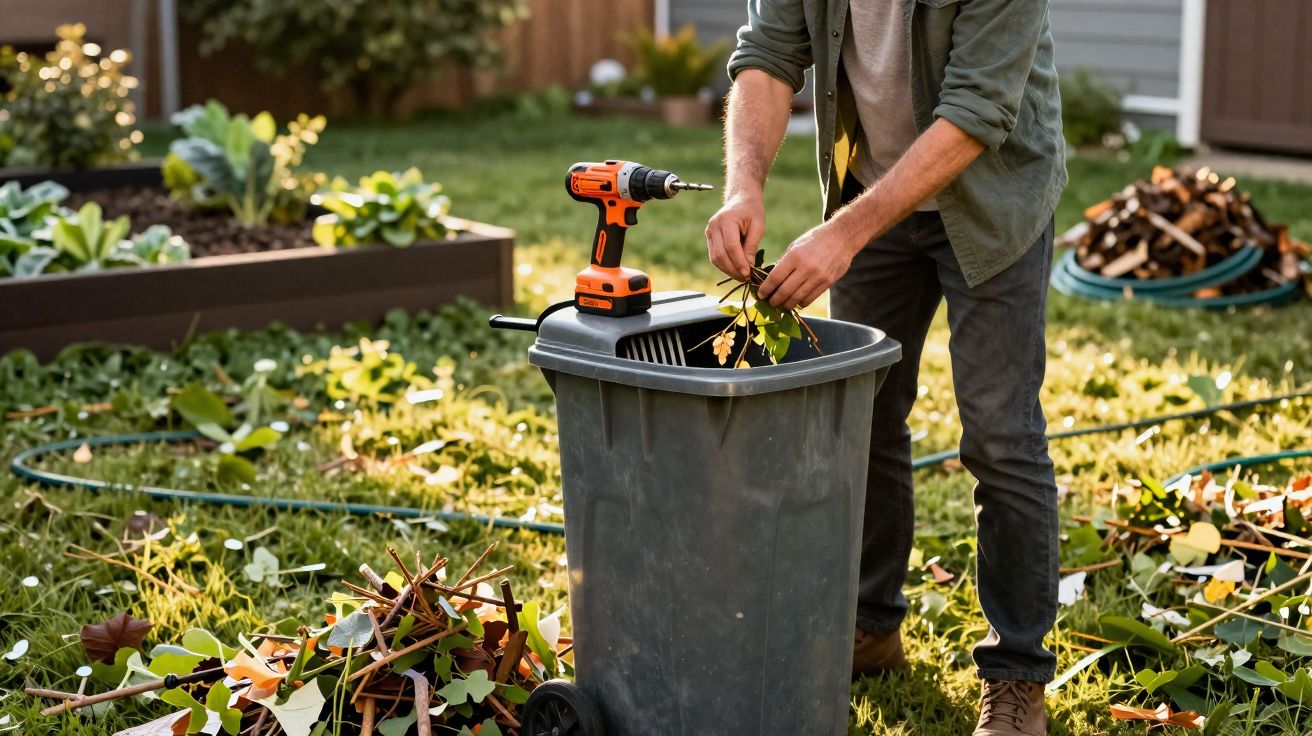 Pessoa a colocar ramos e folhas numa lixeira de jardim, com broca elétrica sobre a lixeira.