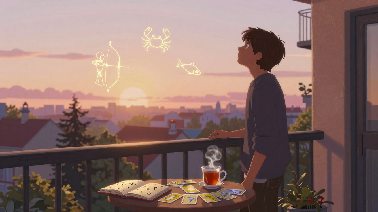 Rapaz observa o céu ao pôr do sol com cartas de tarô e uma chávena de chá numa varanda.