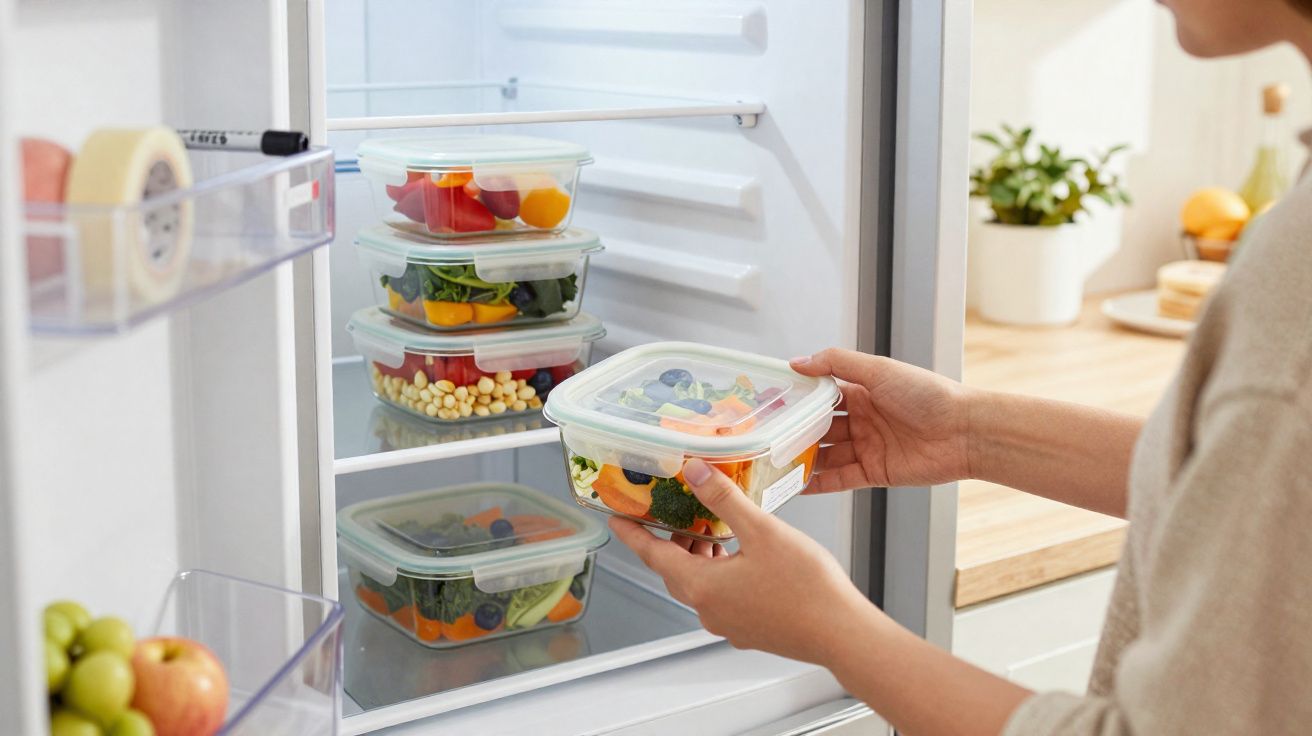 Pessoa a guardar recipientes de vidro com saladas coloridas no frigorífico branco.