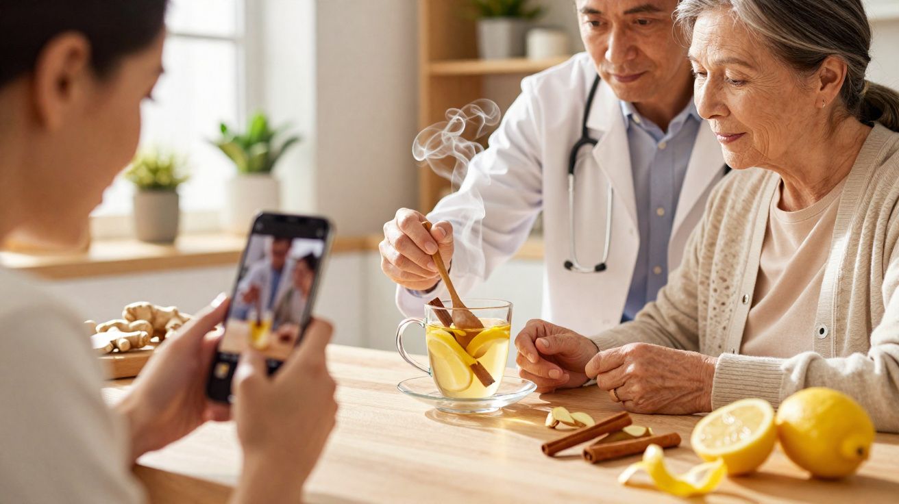 Médico demonstra chá de limão e canela a idosa enquanto outra pessoa grava com telemóvel numa cozinha luminosa.