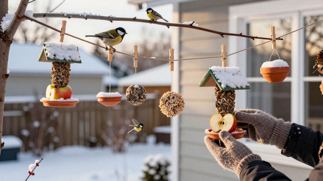 Pássaros alimentando-se em comedouros suspensos cobertos de neve durante um dia de inverno.