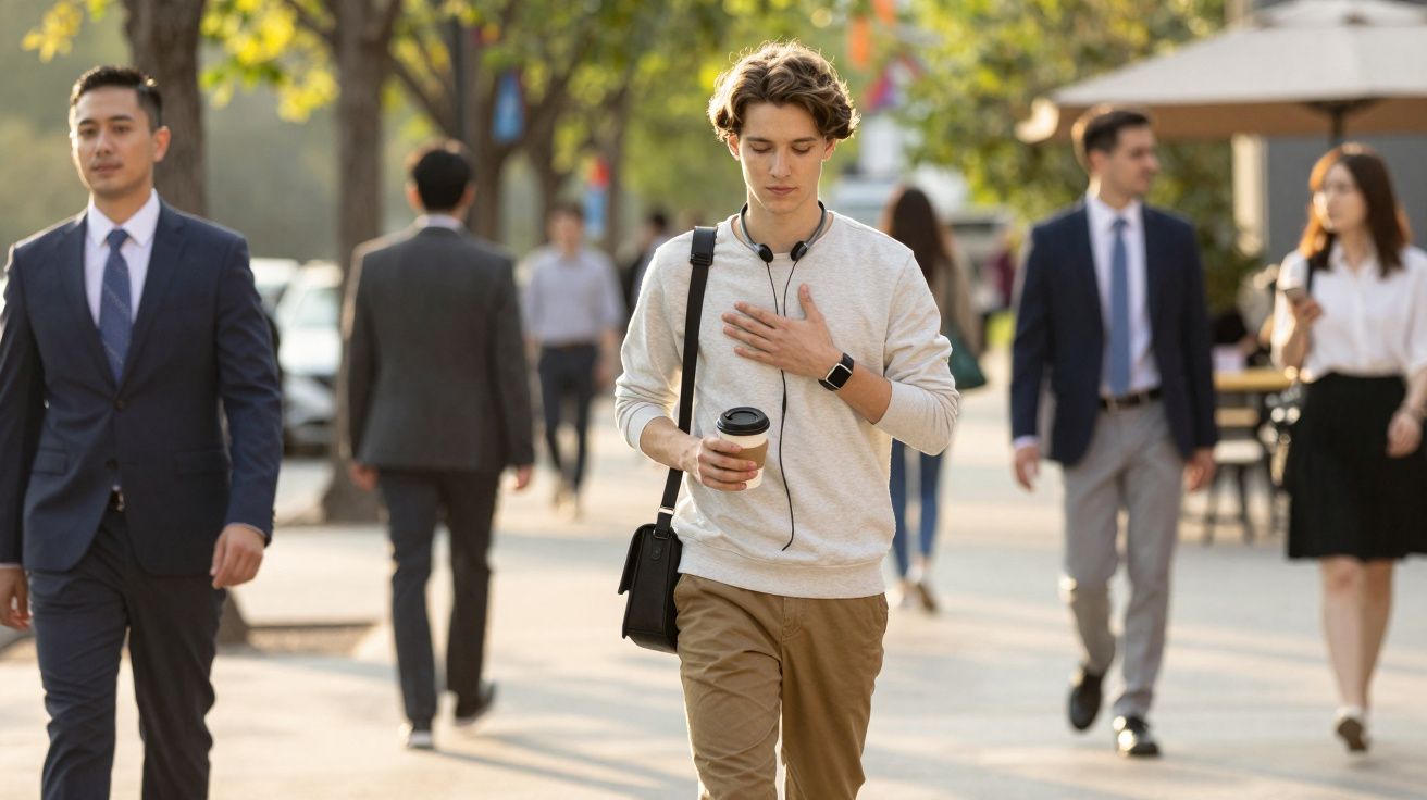 Jovem com roupa casual a caminhar na rua com café e auscultadores, rodeado por pessoas de negócios.