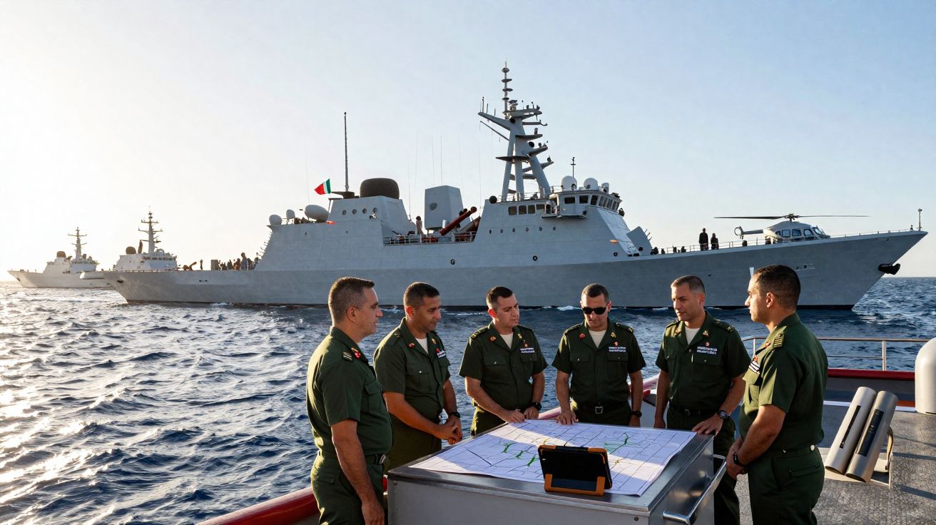 Seis militares em uniforme verde reúnem-se em convés com mapas, com navios de guerra ao fundo no mar.