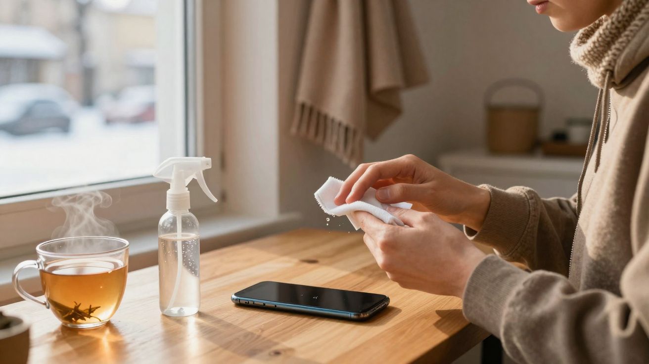 Pessoa a limpar um telemóvel com um pano, ao lado de um frasco spray e chá quente numa mesa de madeira.
