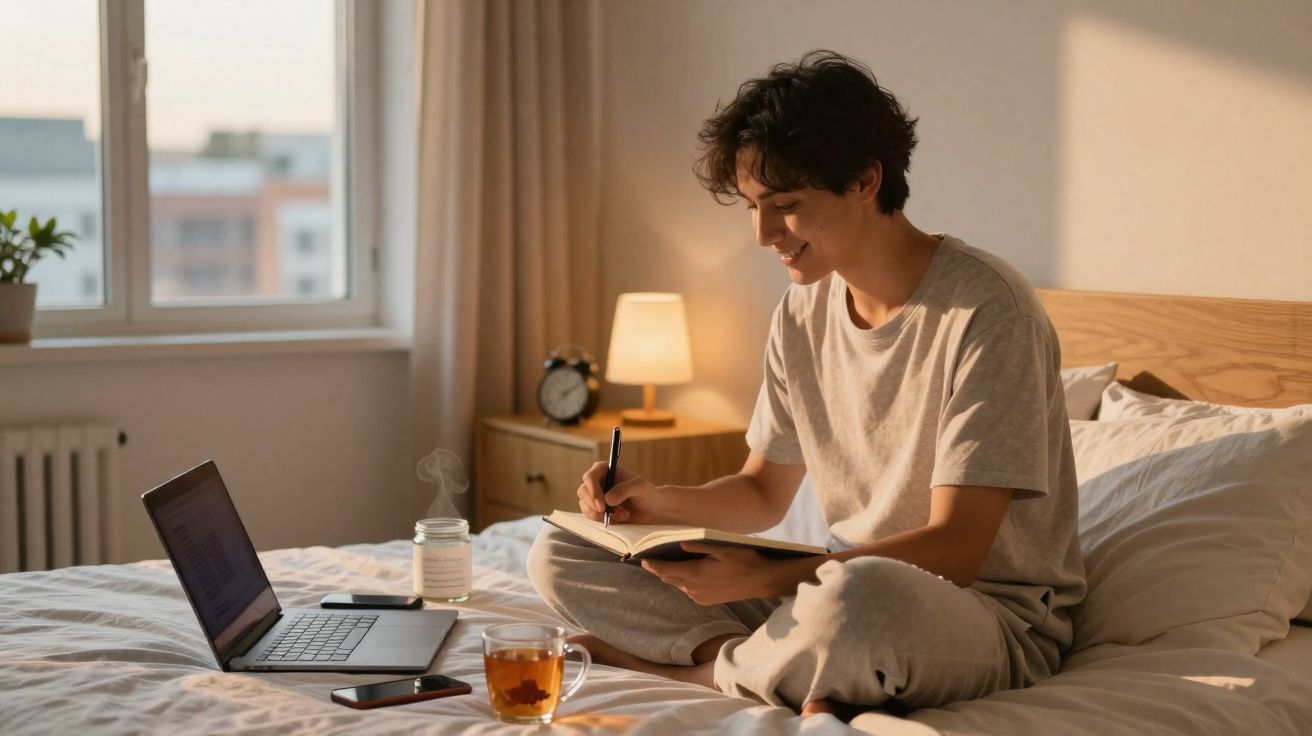 Jovem sentado na cama a escrever num caderno, com portátil, chá e vela à sua frente num quarto acolhedor.