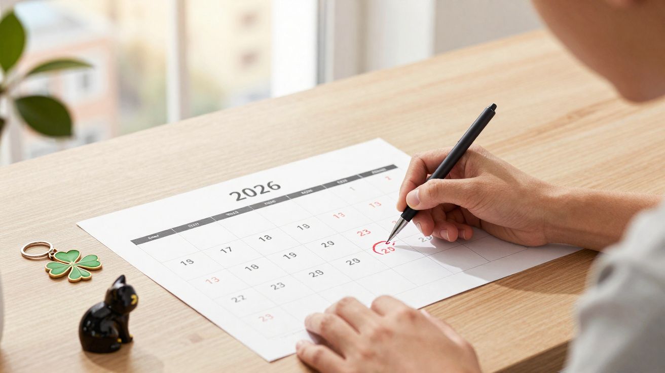 Pessoa a assinalar com caneta a data 25 num calendário de 2026 numa mesa de madeira clara.