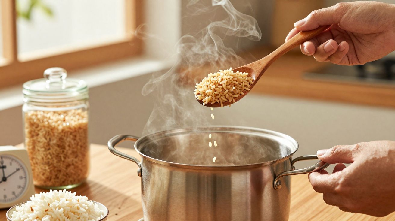 Mãos a colocar arroz cru numa panela de inox com vapor numa cozinha luminosa.