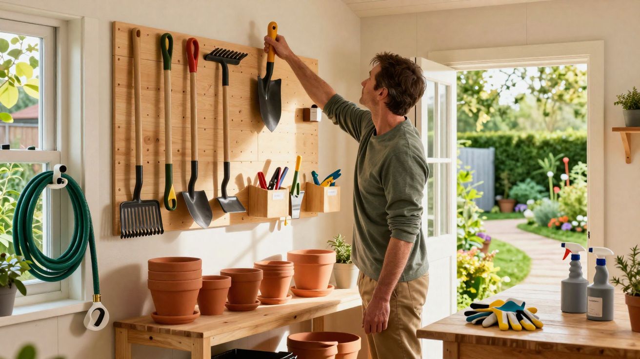 Homem organiza ferramentas de jardinagem penduradas numa parede numa casa de jardim luminosa com vista para um jardim.