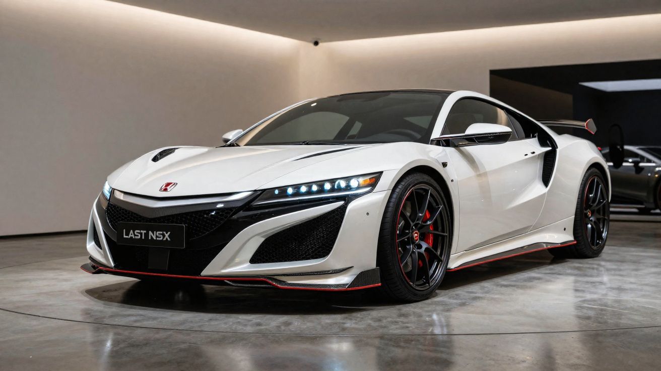 Carro desportivo branco Honda NSX com detalhes em preto e vermelho numa sala moderna com iluminação suave.