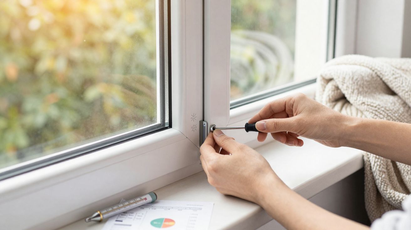 Pessoa a afinar a janela com uma chave de fendas para melhorar o isolamento térmico.