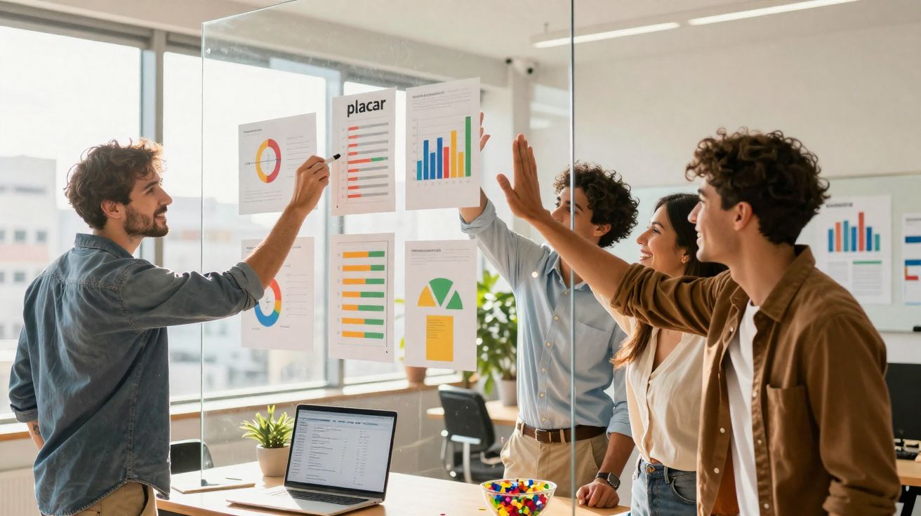 Grupo de quatro jovens a discutir gráficos e dados colados numa parede de vidro numa sala de escritório moderna.