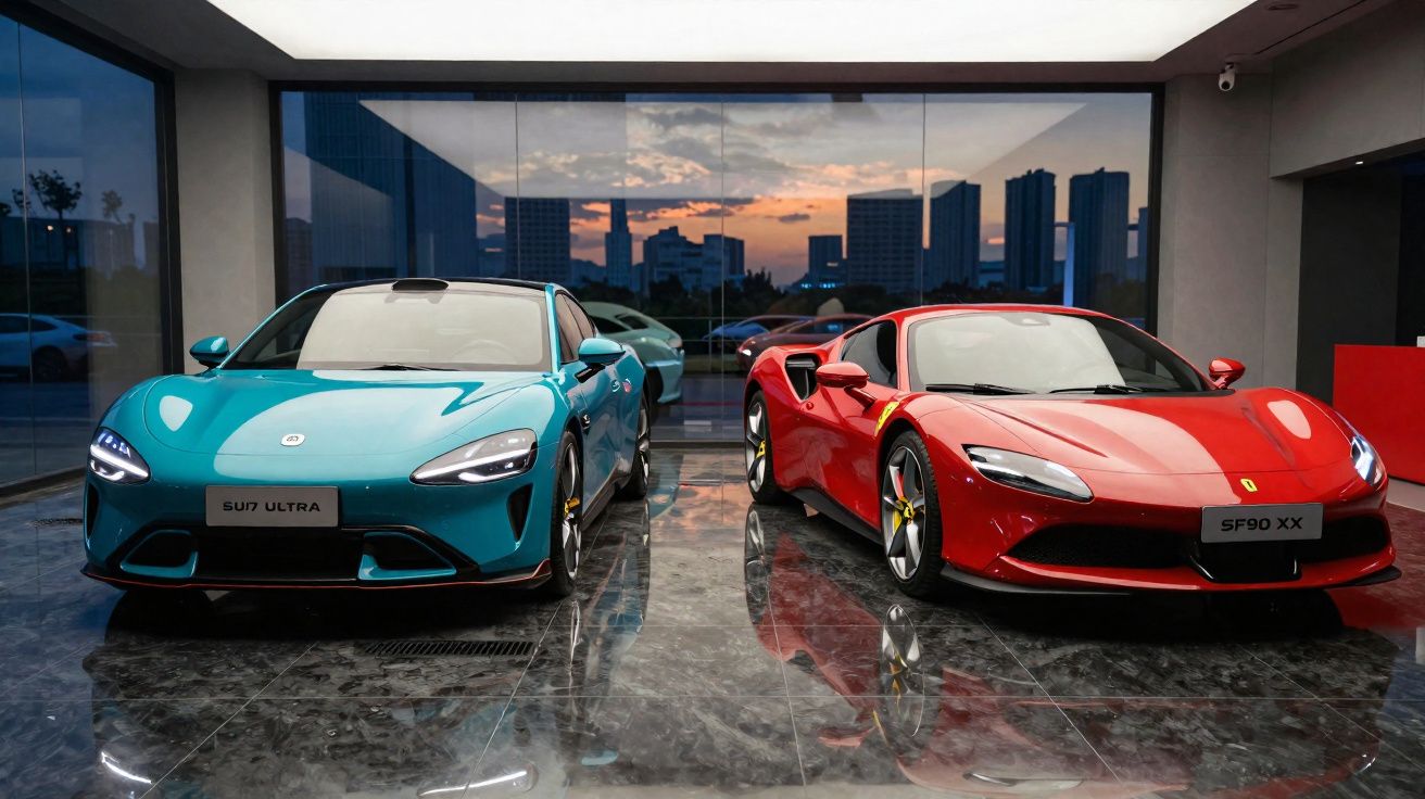 Dois carros desportivos de luxo, verde e vermelho, numa garagem moderna com vidro e vista para a cidade ao pôr do sol.