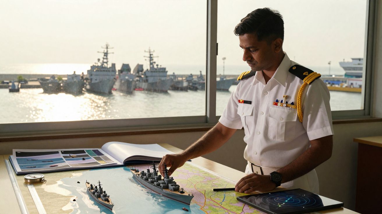 Oficial naval manipula maquete de navios de guerra sobre mapa numa sala com vista para o porto.