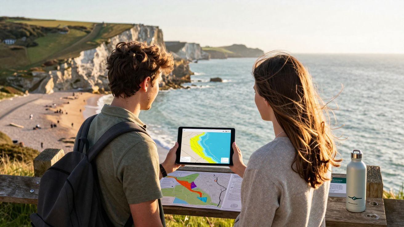 Casal junto ao mar observa mapa digital e físico numa paisagem costeira com falésias ao pôr do sol.