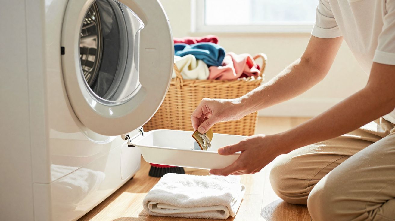 Pessoa a colocar detergente na gaveta de uma máquina de lavar roupa, com roupa e cesto ao fundo.
