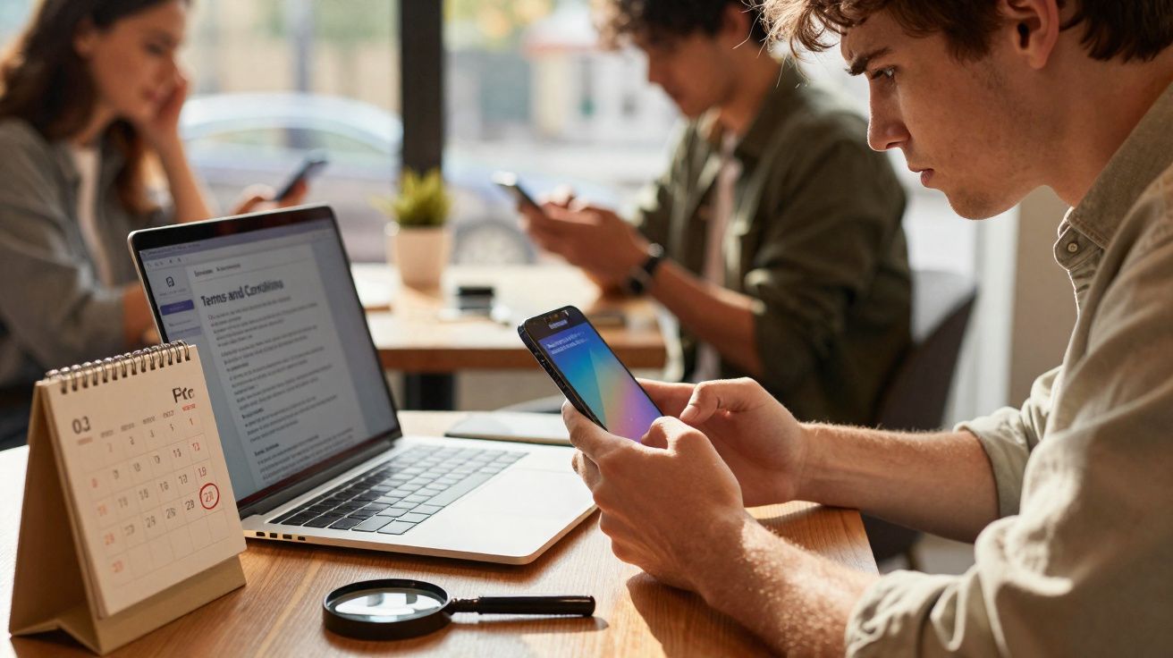 Grupo de jovens a trabalhar com portátil e telemóveis numa mesa, com calendário e lupa em destaque.