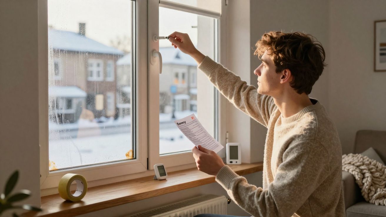 Jovem sentado junto à janela a regular a temperatura enquanto segura uma conta de energia.