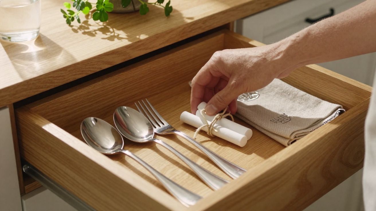 Gaveta de cozinha em madeira com talheres, guardanapo e mão a pegar bilhete enrolado com cordel.