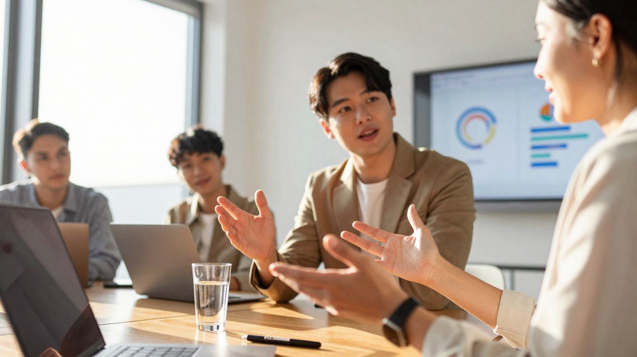 Grupo de jovens em reunião de trabalho com laptops, discutindo gráficos numa sala iluminada.