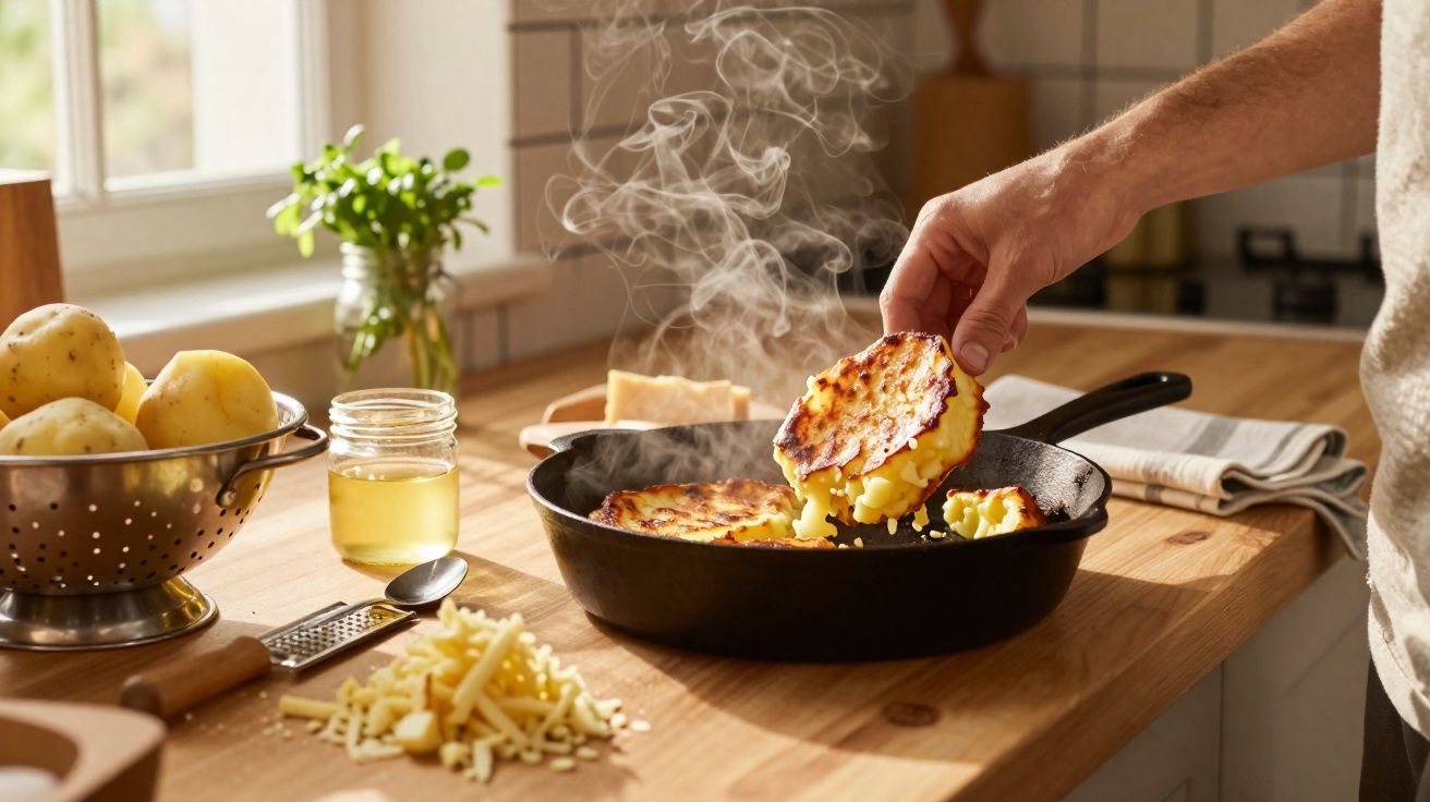 Mão a retirar prato com röstis dourados de frigideira quente numa cozinha iluminada e arejada.